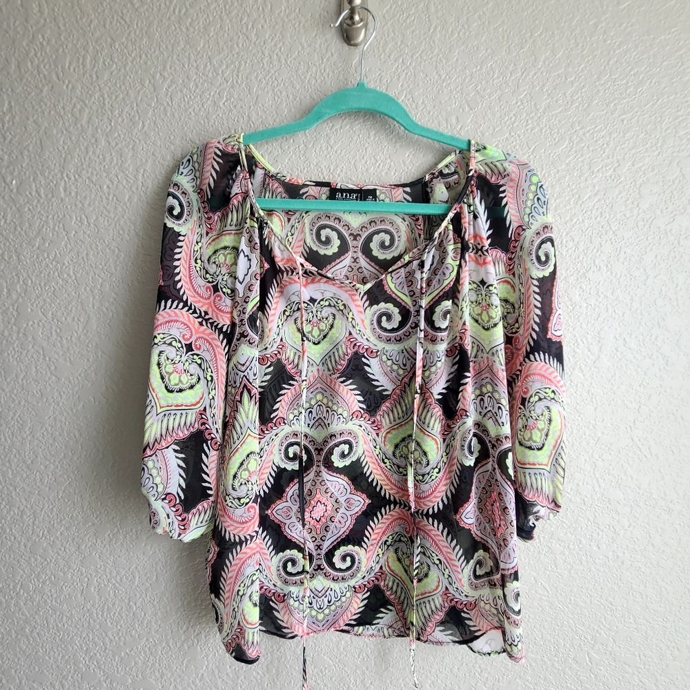 A.N.A sheer blouse with 3/4 elastic sleeves, petite medium, multicolor design